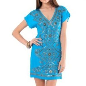 Blue stretch silk charmaise beaded v neck dress  m